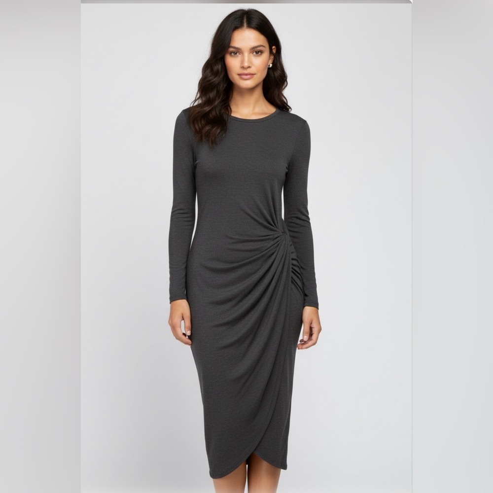 Loveappella Grey Asymmetrical Ruched Long Sleeve Midi Dress Chic!